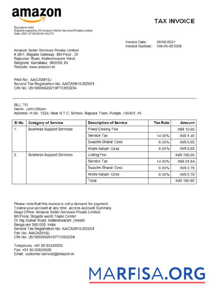 Printable India Amazon American multinational technology company invoice template